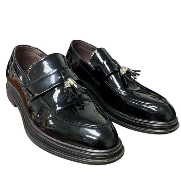 Mens Size 10 Shiny Black Faux Leather Slide On Formal Non Slip Loafer Shoes main image 8